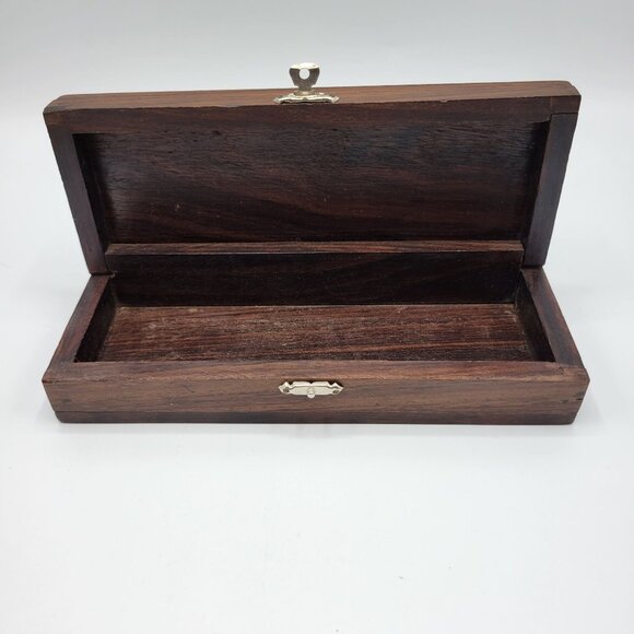 Vintage Handcrafted Wooden Jewelry Trinket Box Inlaid Peacock Design Metal Latch - Picture 5 of 16